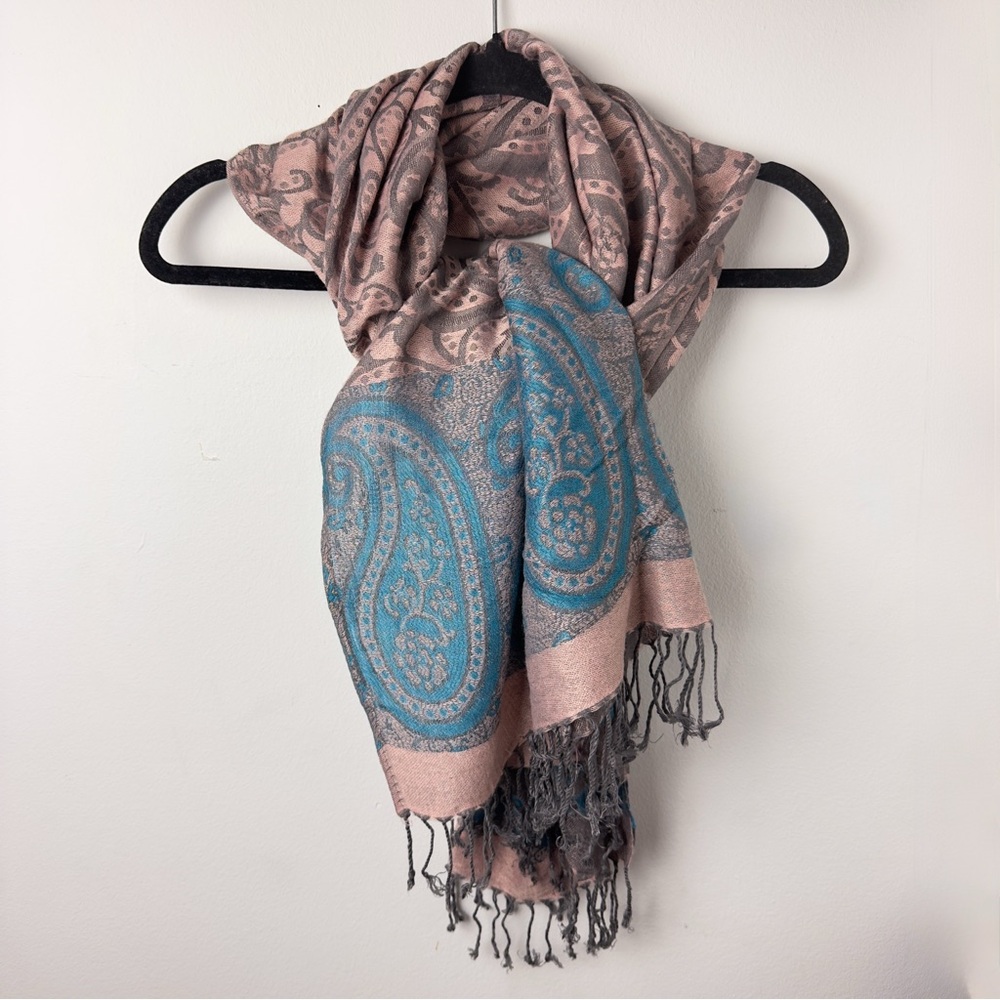 Silk Poly Blend Paisley Patterned Scarf in Pink and Blue